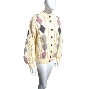 Vtg Standun Womens L Hand Knit Chunky Wool Ireland Fisherman Grandpa Sweater